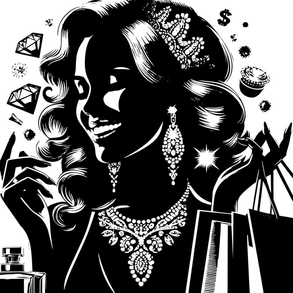 noir et blanc illustration de une chanceux luxueux achats Dame avec Sacs et diamants et parfum vecteur