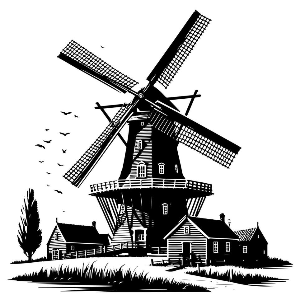 noir et blanc illustration de une traditionnel vieux Moulin à vent dans Hollande vecteur