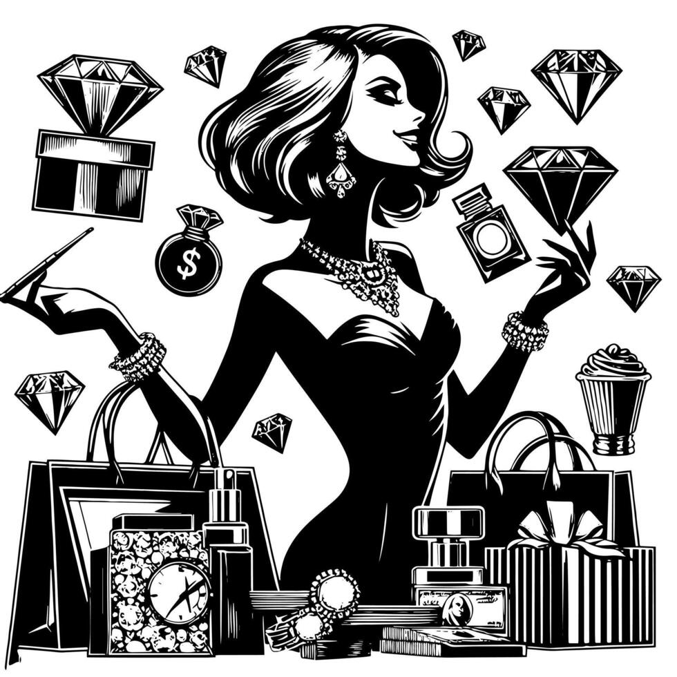 noir et blanc illustration de une chanceux luxueux achats Dame avec Sacs et diamants et parfum vecteur