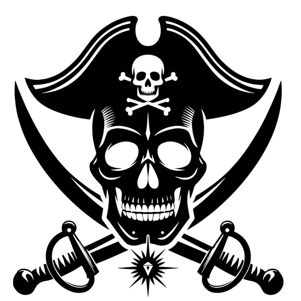 noir et blanc illustration de pirate symbole avec épées et chapeau vecteur