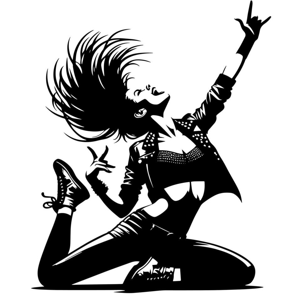 noir et blanc illustration de une punk femme est dansant et tremblement dans une réussi pose vecteur