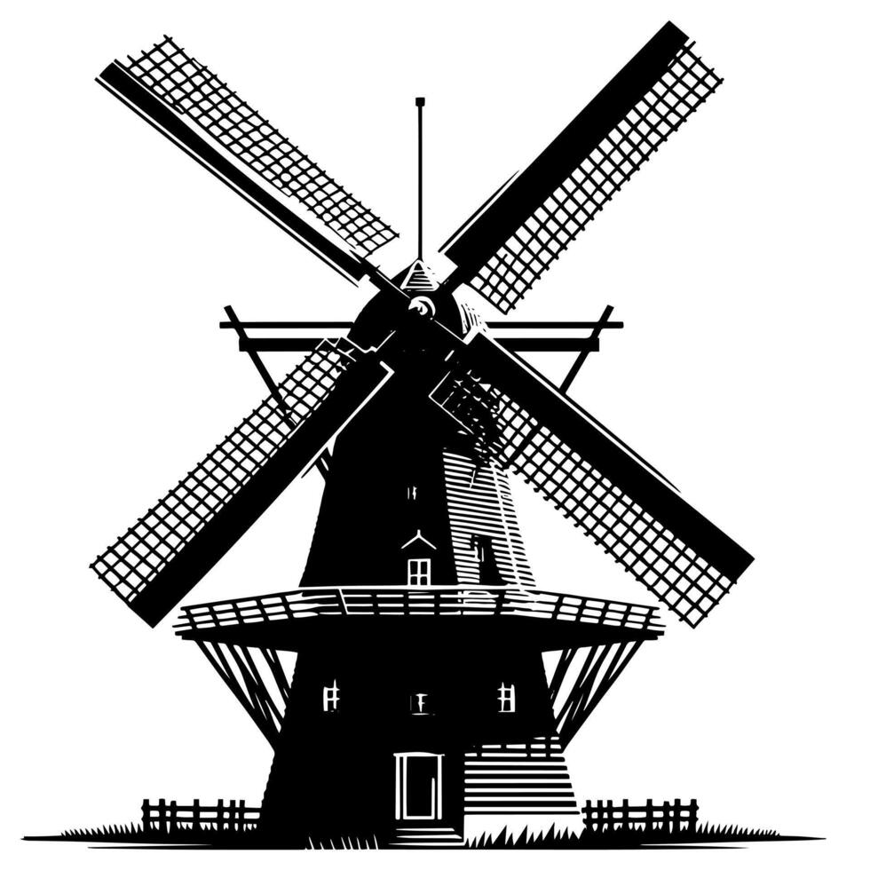 noir et blanc illustration de une traditionnel vieux Moulin à vent dans Hollande vecteur