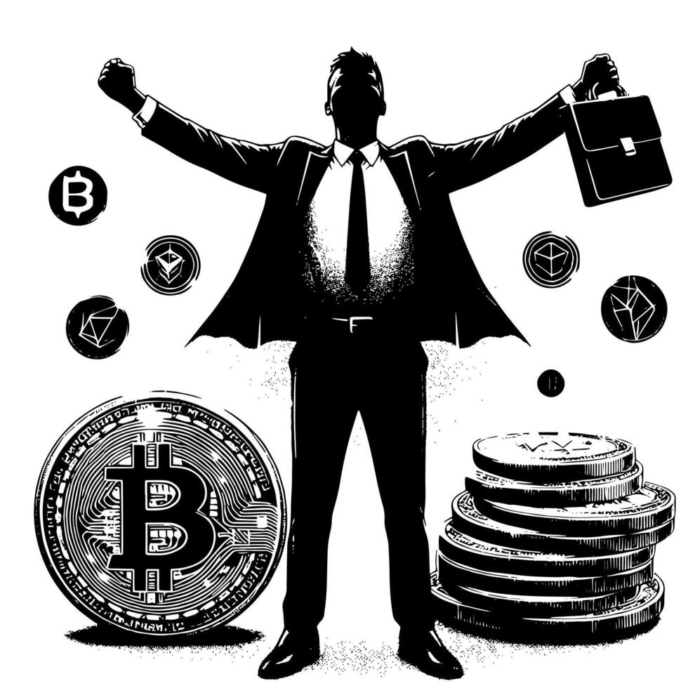 noir et blanc illustration de une réussi affaires homme avec bitcoins argent voitures et luxus vecteur