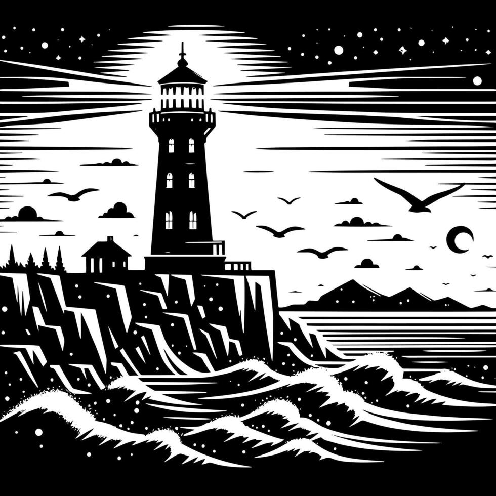 noir et blanc illustration de une traditionnel vieux phare sur le rochers vecteur