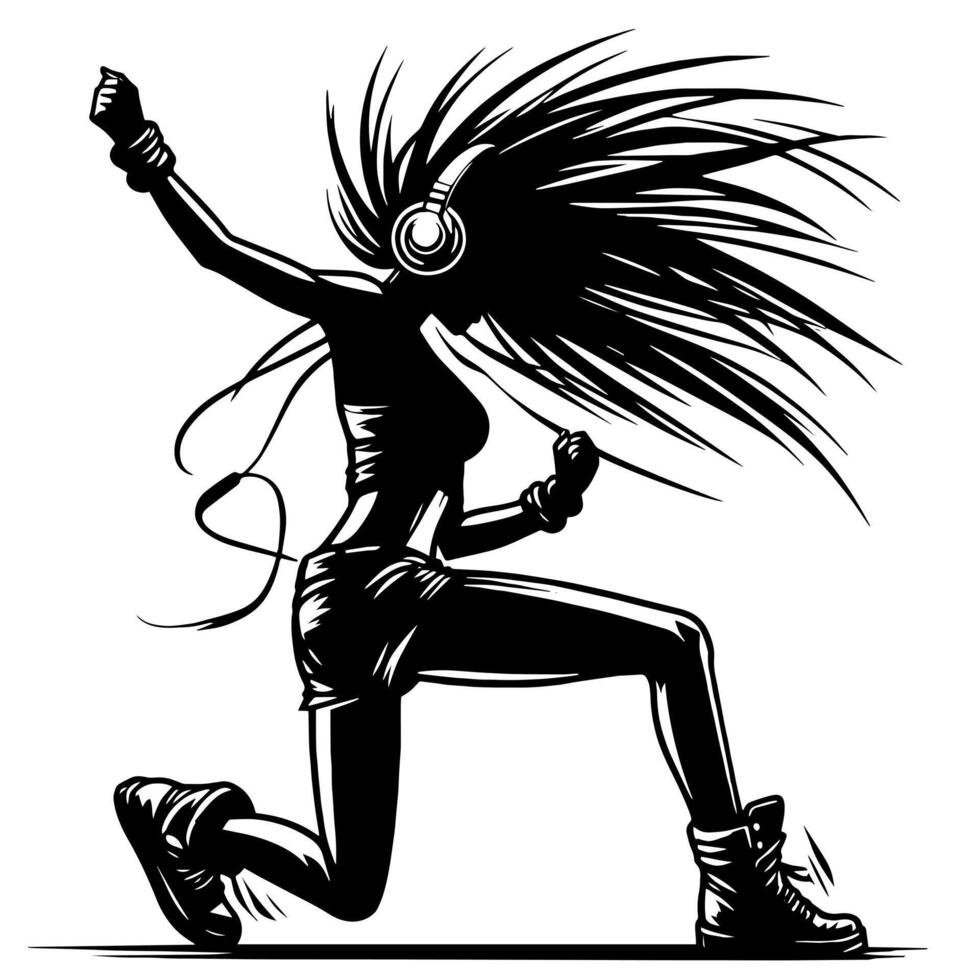 noir et blanc illustration de une punk femme est dansant et tremblement dans une réussi pose vecteur