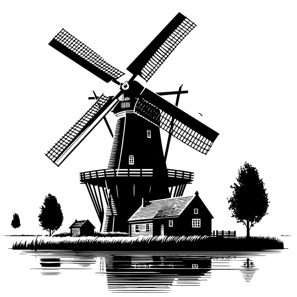 noir et blanc illustration de une traditionnel vieux Moulin à vent dans Hollande vecteur