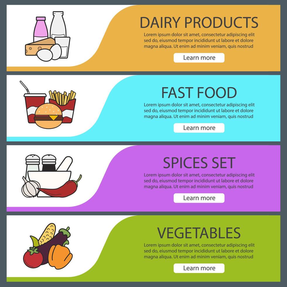 ensemble de modèles de bannière de catégories de produits. facile à modifier. restauration rapide, épices, légumes, produits laitiers. éléments de menu du site Web. bannière web couleur. concepts de conception d'en-têtes de vecteur