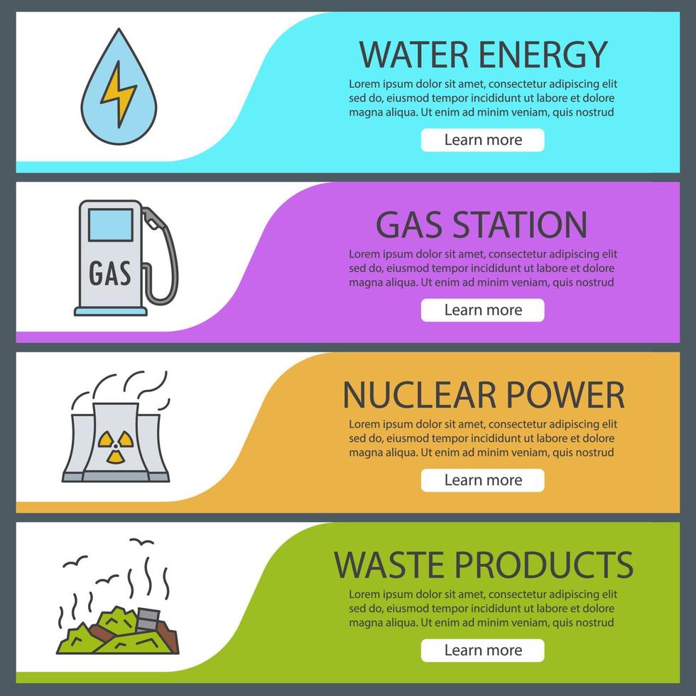 ensemble de modèles de bannière de pollution de l'environnement. facile à modifier. énergie hydraulique, station-service, centrale nucléaire, dépotoir. éléments de menu du site Web. bannière web couleur. concepts de conception d'en-têtes de vecteur