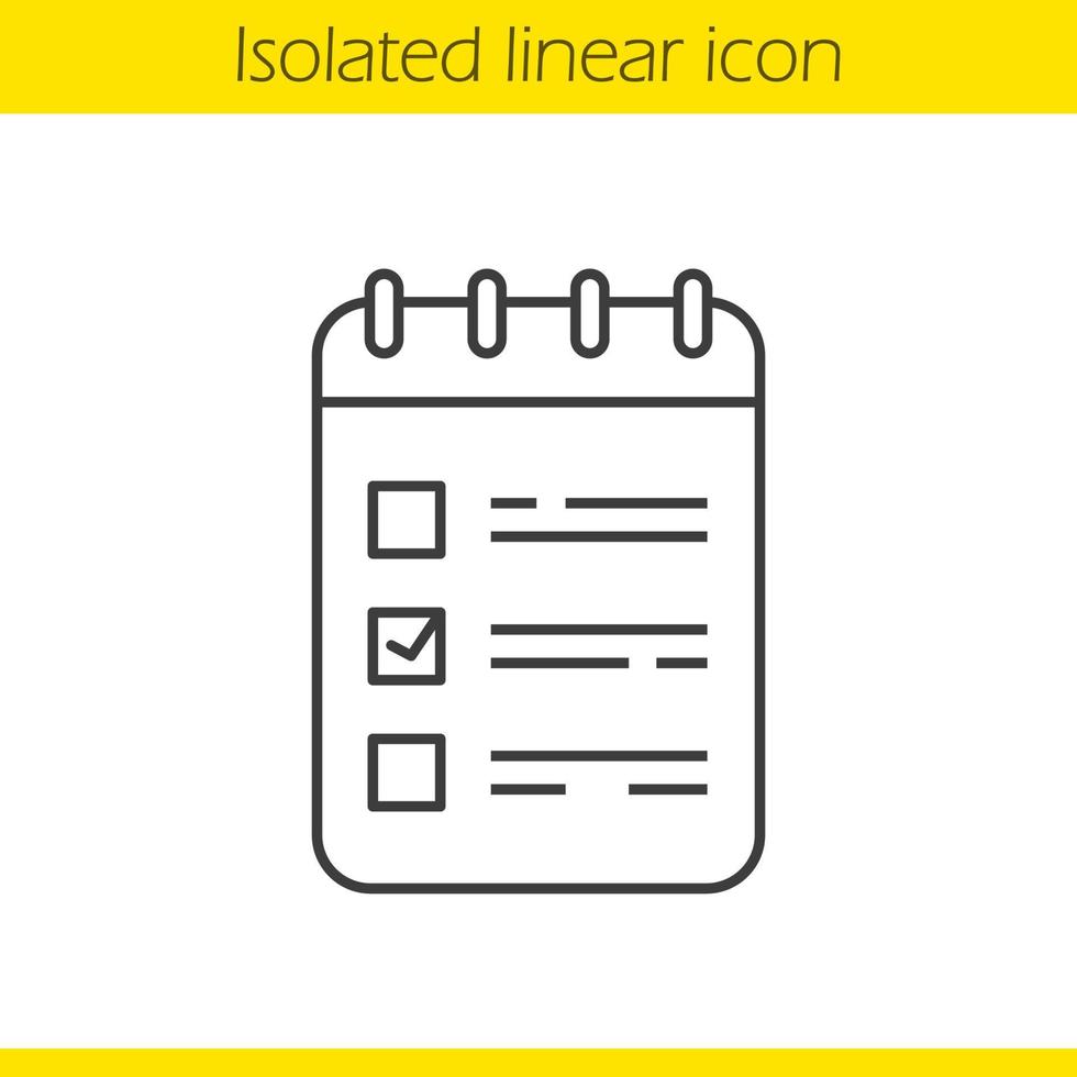 cahier à spirale avec icône linéaire de coche. illustration de la ligne mince. symbole de contour de cahier d'école. dessin de contour isolé de vecteur