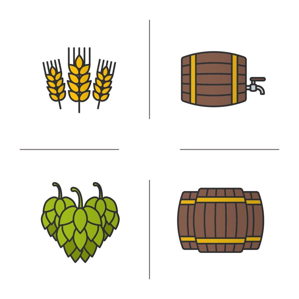 ensemble d'icônes de couleur de bière. fûts en bois d'alcool, cônes de houblon, épis de blé. brasserie de bière. illustrations vectorielles isolées vecteur