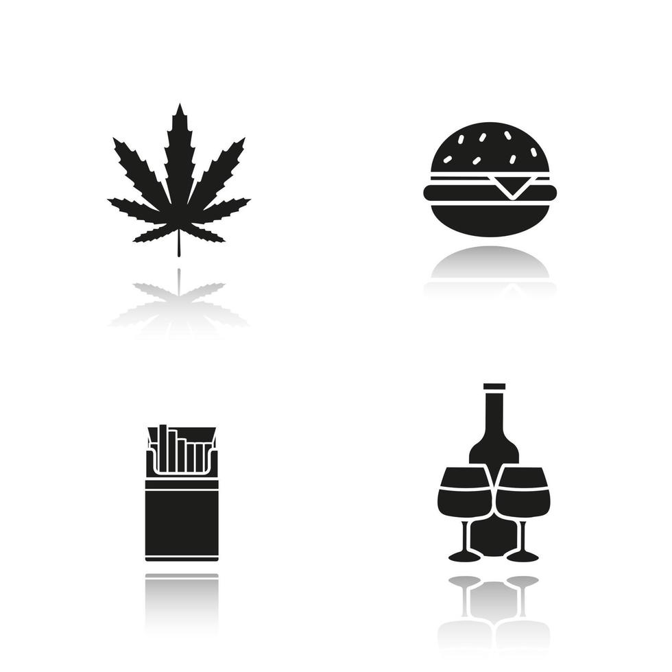 mauvaises habitudes ensemble d'icônes noires d'ombre portée. dépendances à un mode de vie malsain. feuille de marijuana, hamburger de restauration rapide, paquet de cigarettes ouvert, bouteille d'alcool avec des lunettes. illustrations vectorielles isolées vecteur