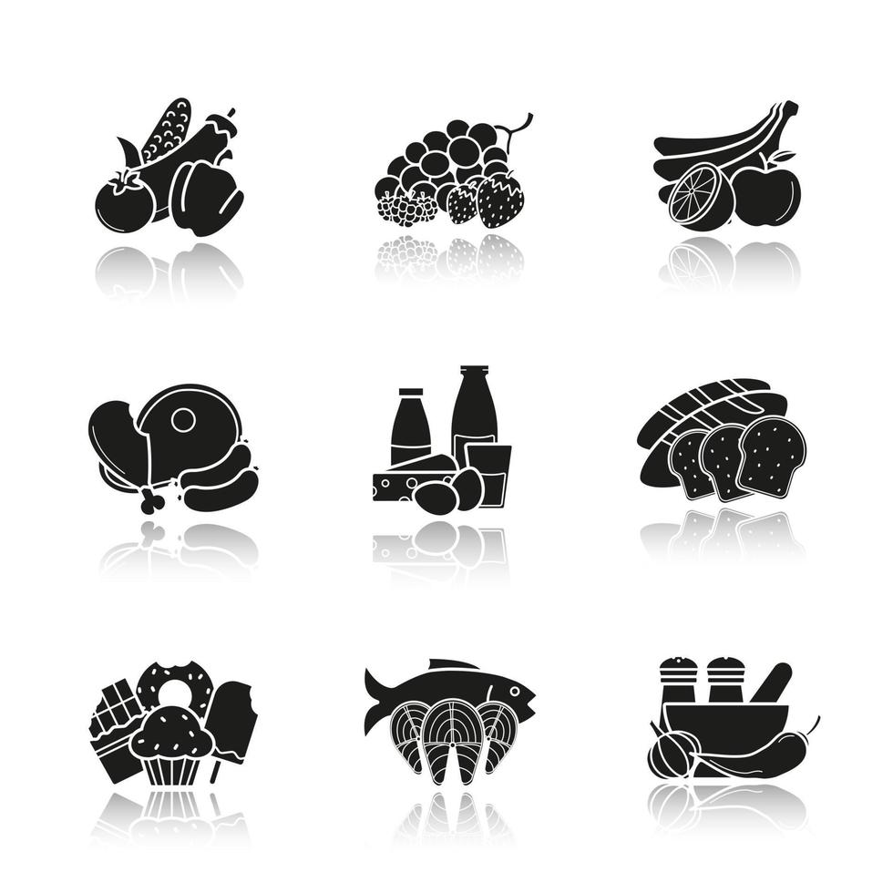 Catégories de produits d'épicerie ombre portée ensemble d'icônes noires. légumes, fruits, baies, viande, produits laitiers et céréaliers, confiserie, fruits de mer, épices. illustrations vectorielles isolées vecteur