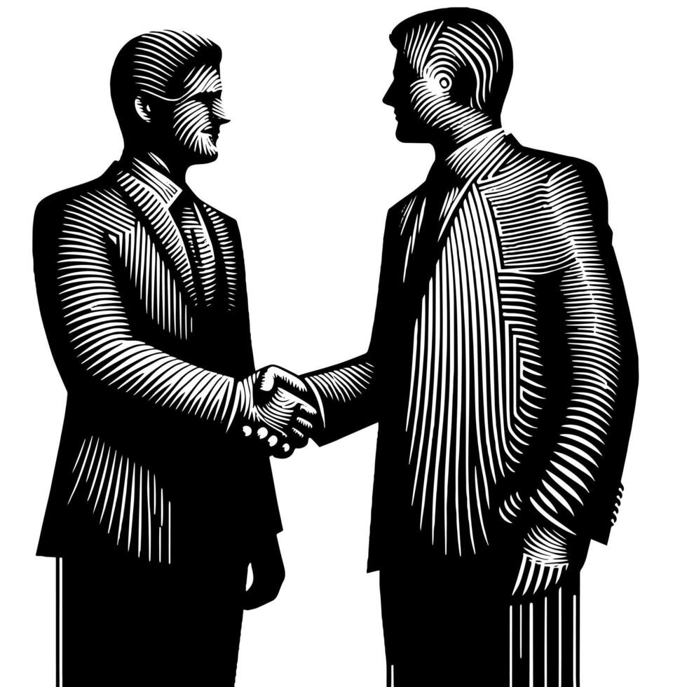 noir et blanc illustration de une poignée de main entre deux affaires Hommes dans costume vecteur