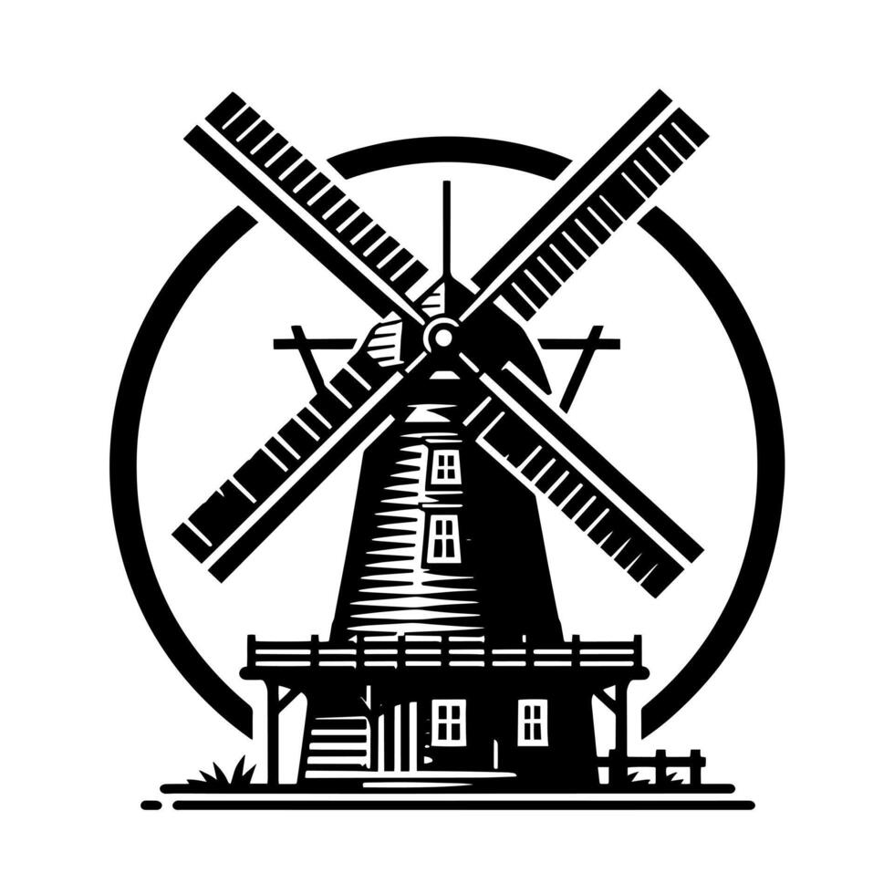 noir et blanc illustration de une traditionnel vieux Moulin à vent dans Hollande vecteur