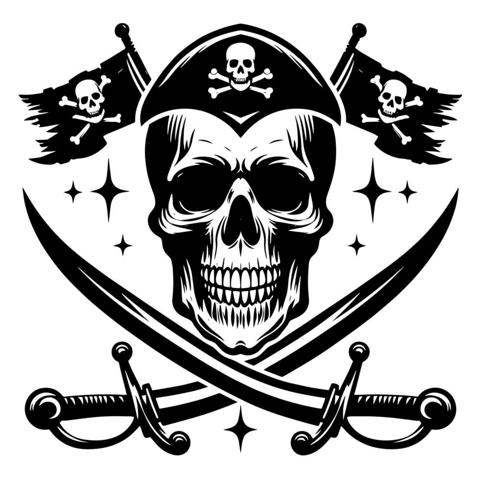 noir et blanc illustration de pirate symbole avec épées et chapeau vecteur