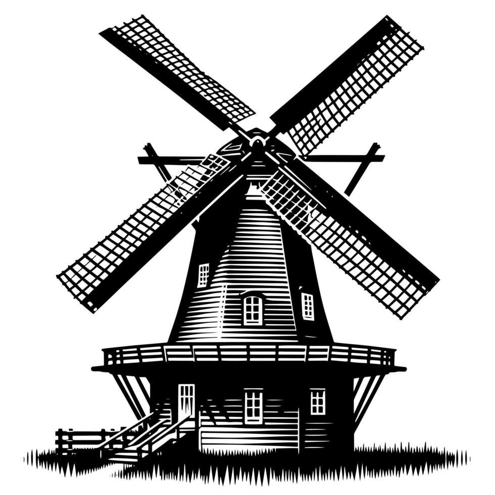 noir et blanc illustration de une traditionnel vieux Moulin à vent dans Hollande vecteur