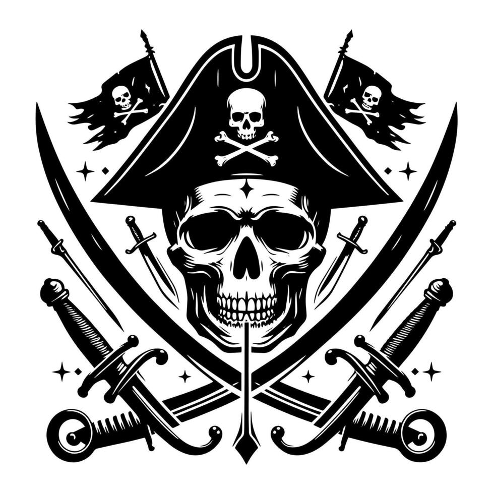 noir et blanc illustration de pirate symbole avec épées et chapeau vecteur