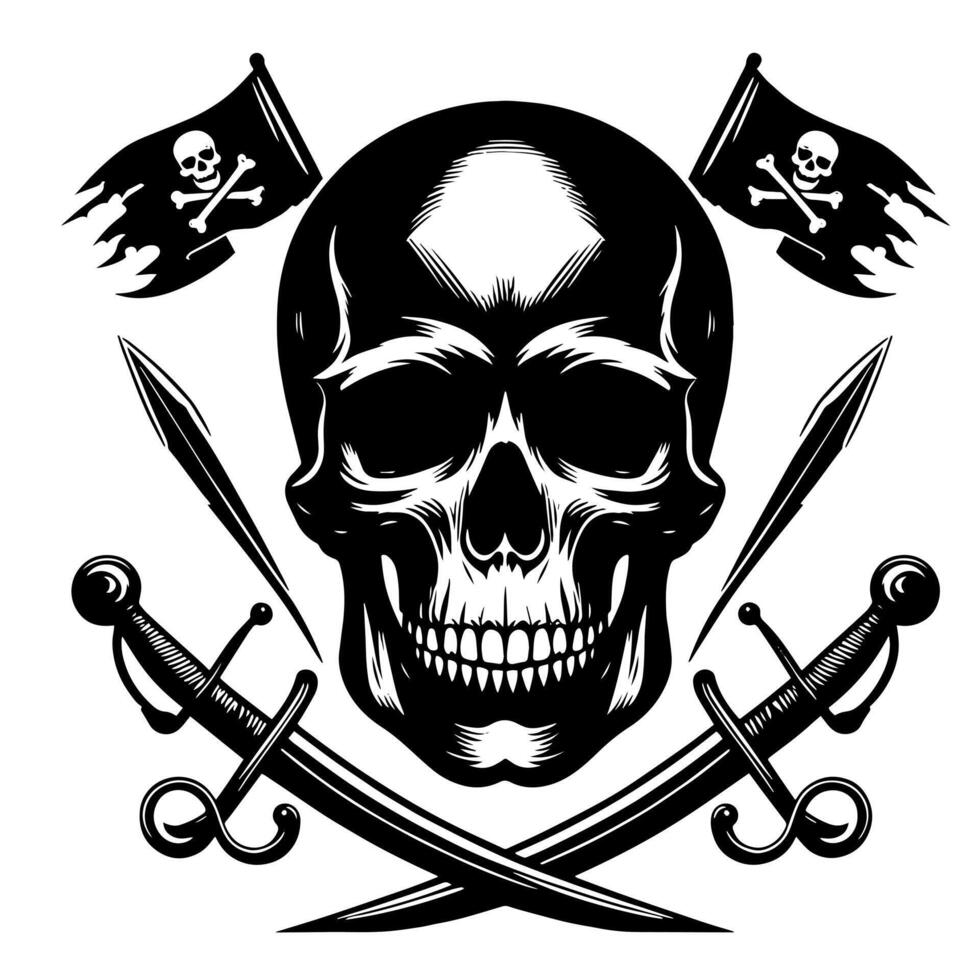 noir et blanc illustration de pirate symbole avec épées et chapeau vecteur