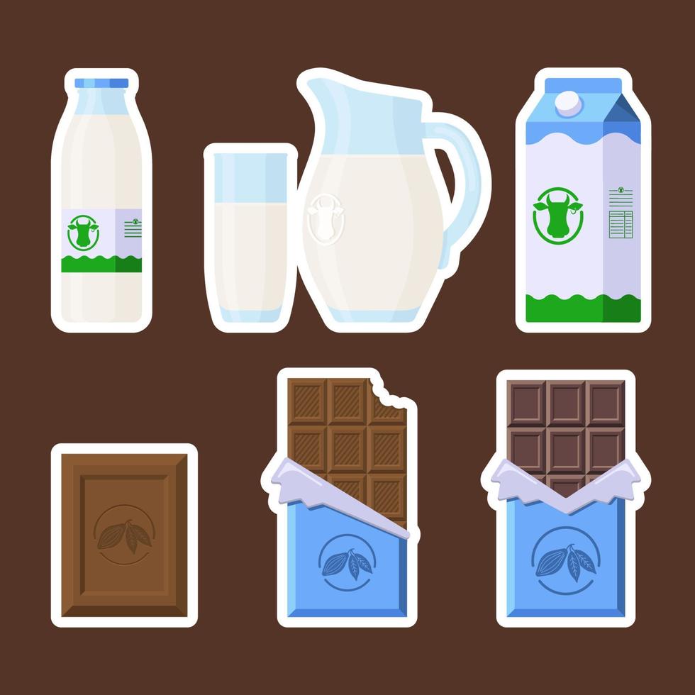 ensemble d'autocollants au chocolat et au lait. style plat. collection de friandises et de produits laitiers dans différents emballages pour logo, impression, recette, menu, décor et décoration vecteur