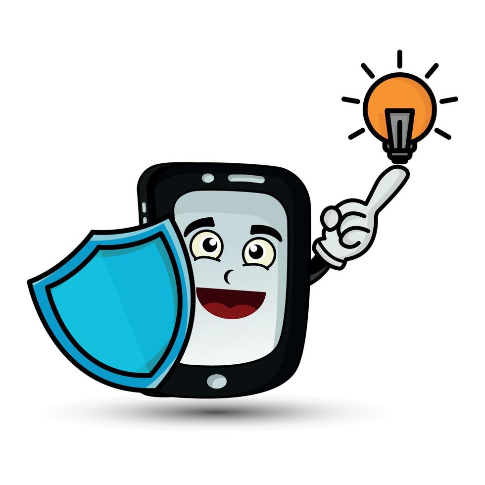 illustration personnage de dessin animé de mascotte de téléphone portable avec bouclier et lampe. style plat d'illustration. vecteur de modèle de conception