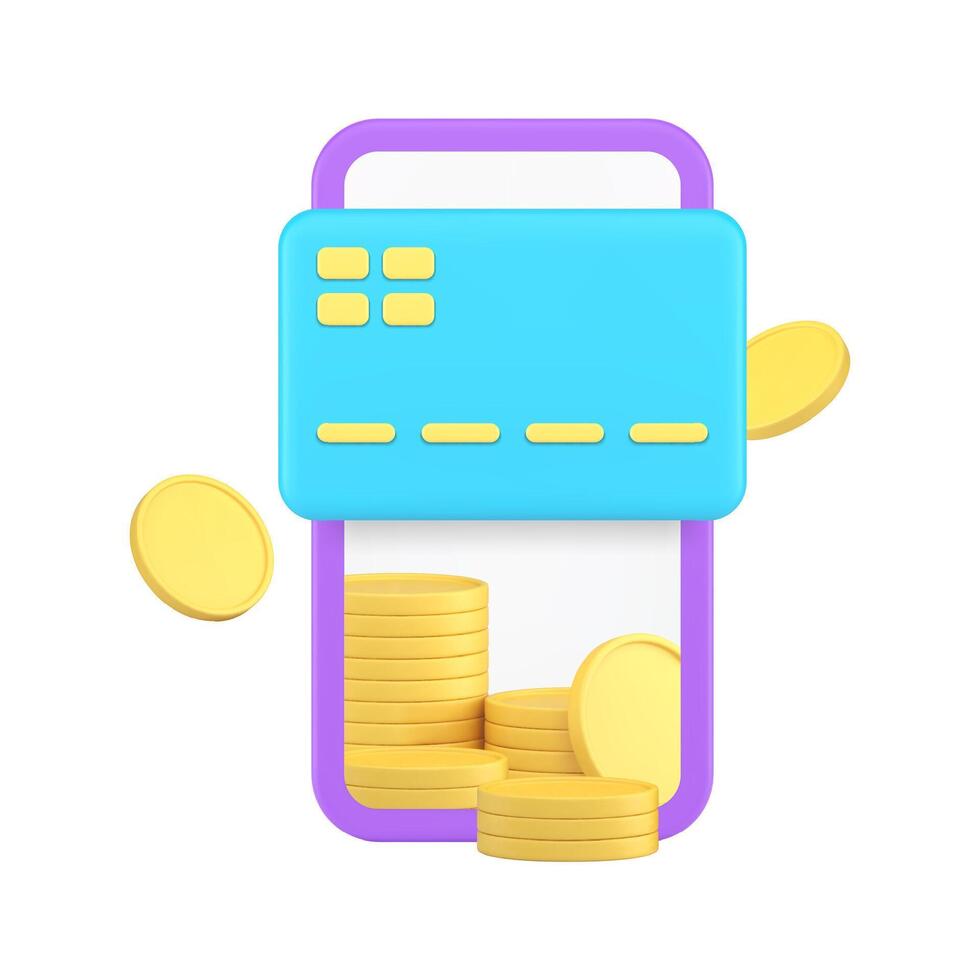 en ligne bancaire téléphone intelligent application carte avec pièce de monnaie cashback 3d icône réaliste illustration vecteur