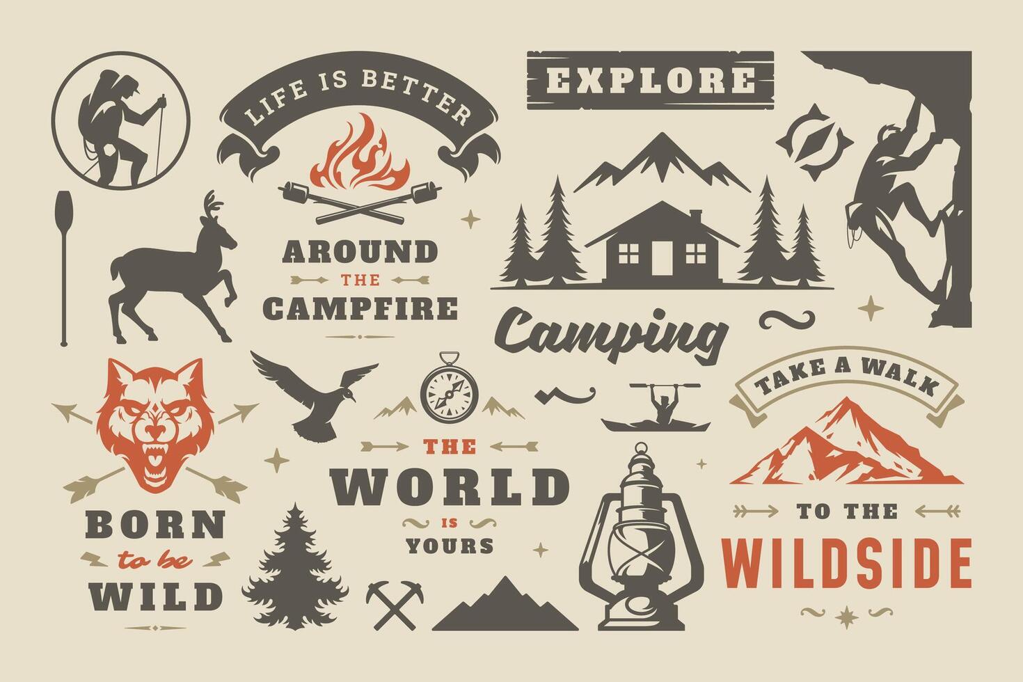 camping et Extérieur aventure conception éléments ensemble, citations et Icônes illustration vecteur