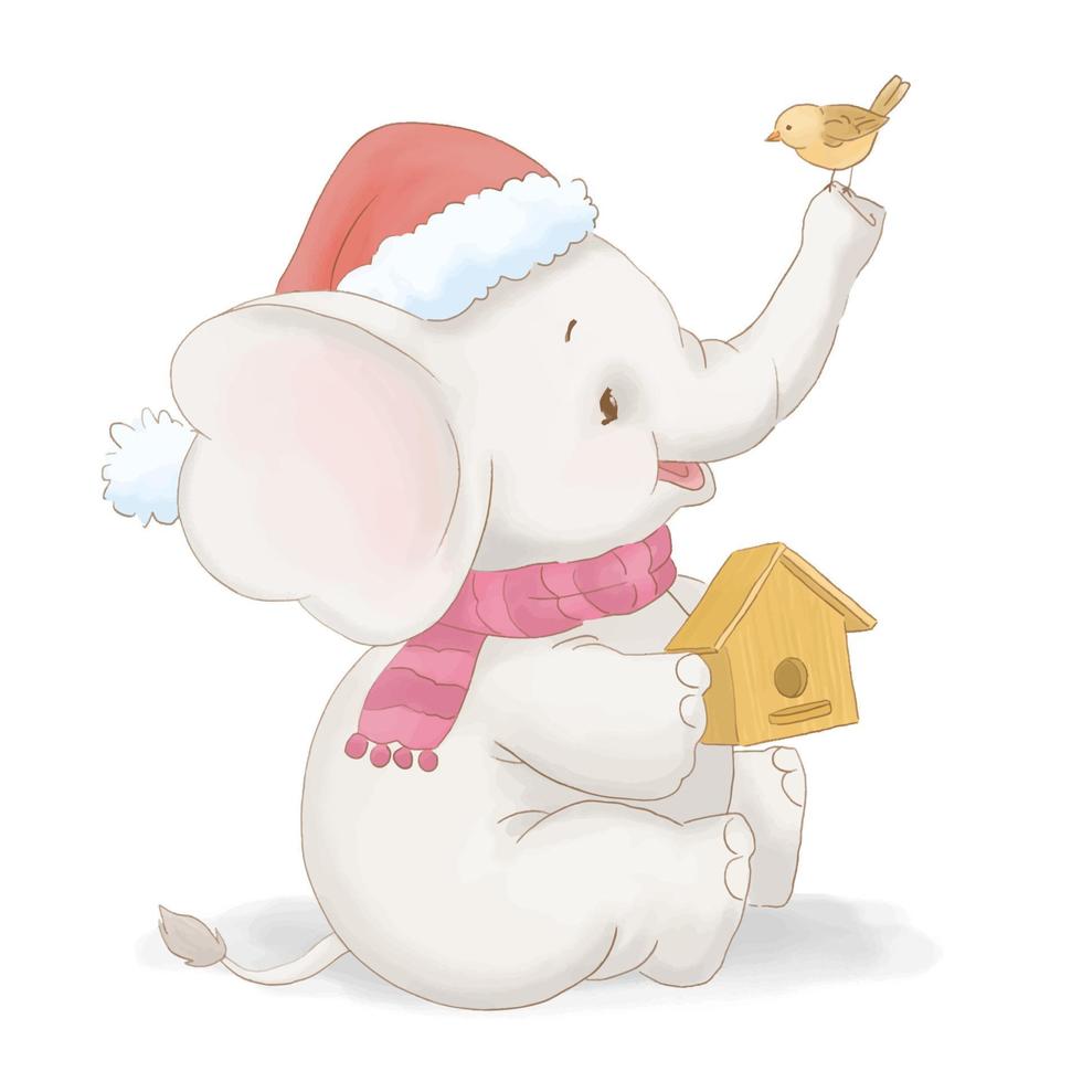 petit bébé éléphant avec bonnet et écharpe de noël vecteur