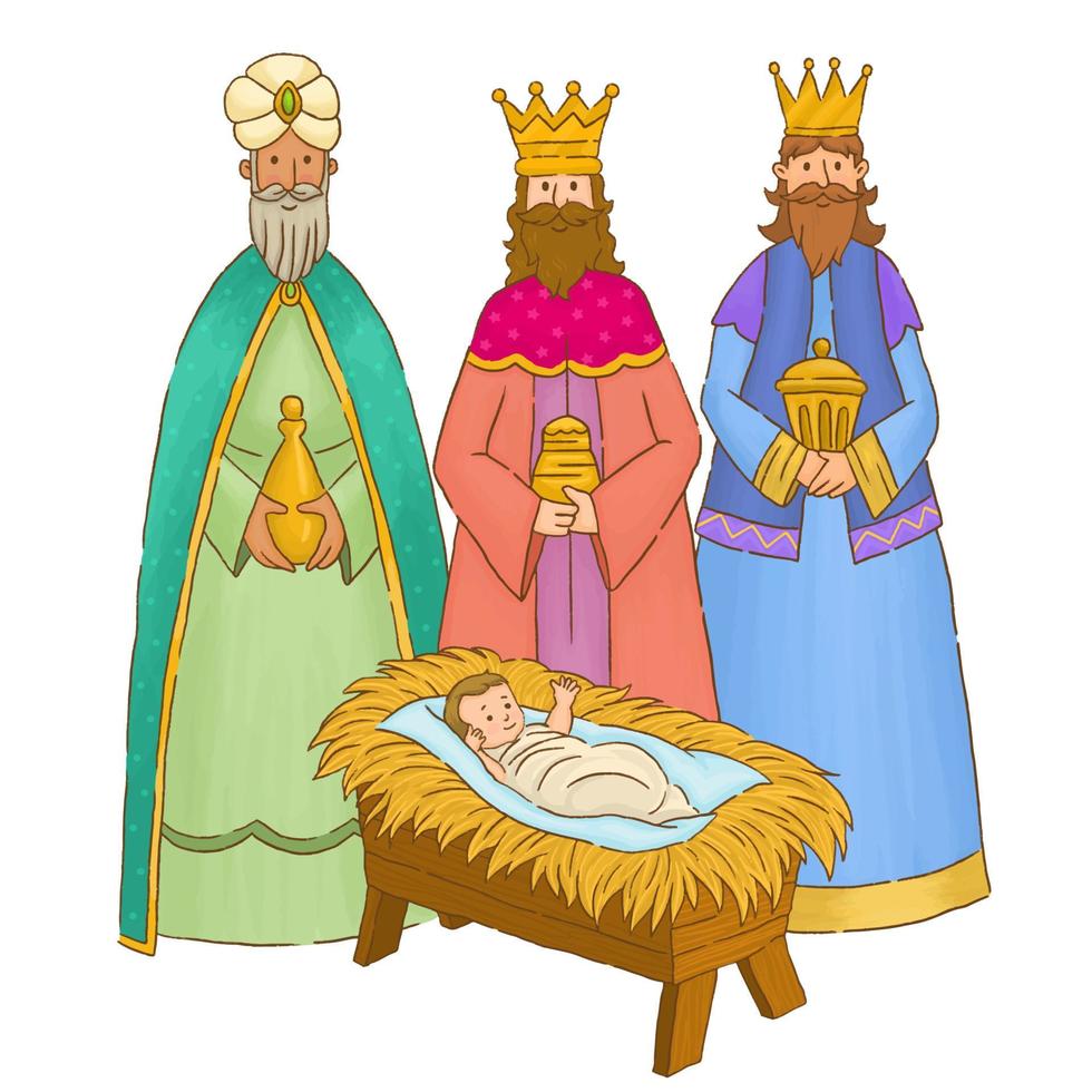 trois rois sages avec des cadeaux pour bébé jésus dans la nativité vecteur