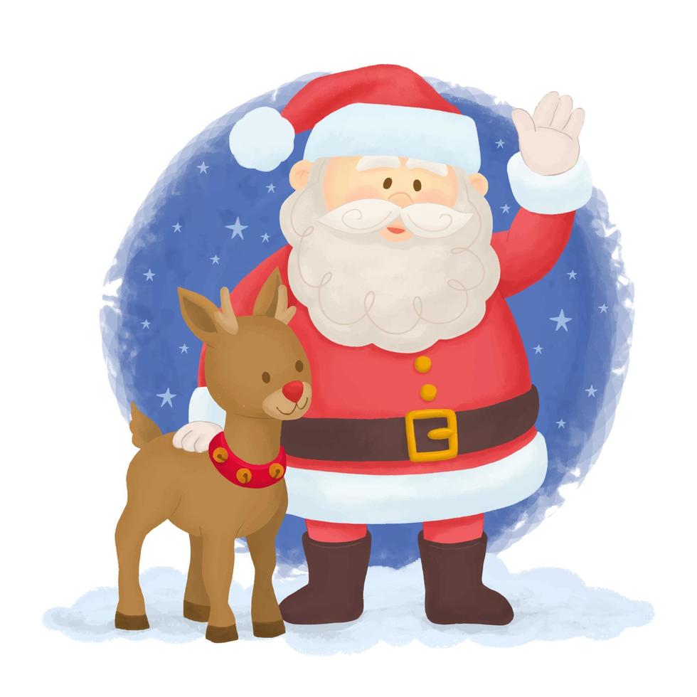 Père Noël avec son bras autour d'un renne au nez rouge vecteur