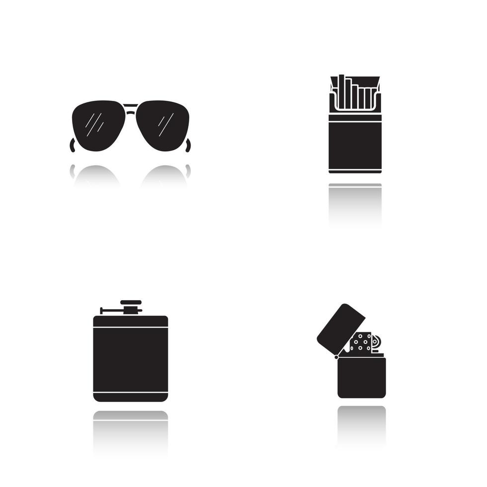 ensemble d'icônes noires d'ombre portée d'accessoires pour hommes. flasque d'alcool, paquet de cigarettes ouvert, lunettes de soleil et briquet. illustrations vectorielles isolées vecteur