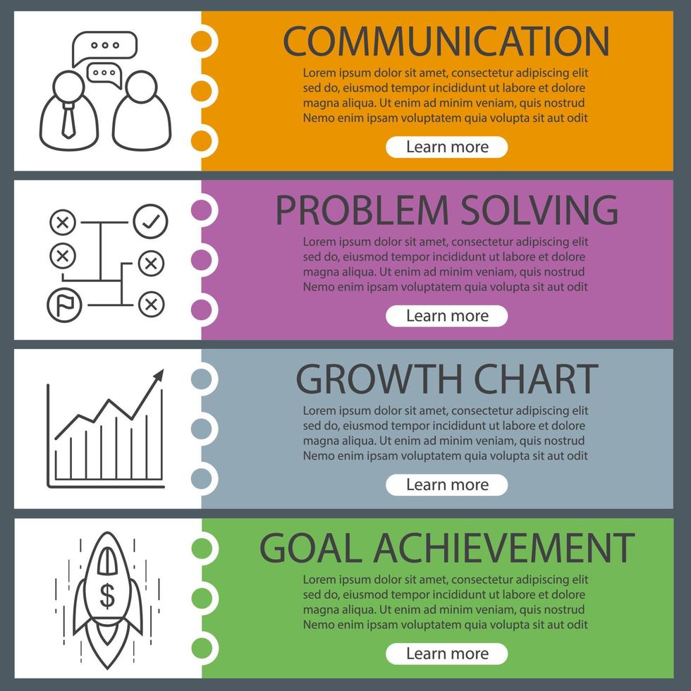 ensemble de modèles de bannière d'entreprise. facile à modifier. résolution de problèmes, conversation de travail, courbe de croissance et vaisseau spatial. éléments de menu du site Web. bannière web couleur. concepts de conception d'en-têtes de vecteur