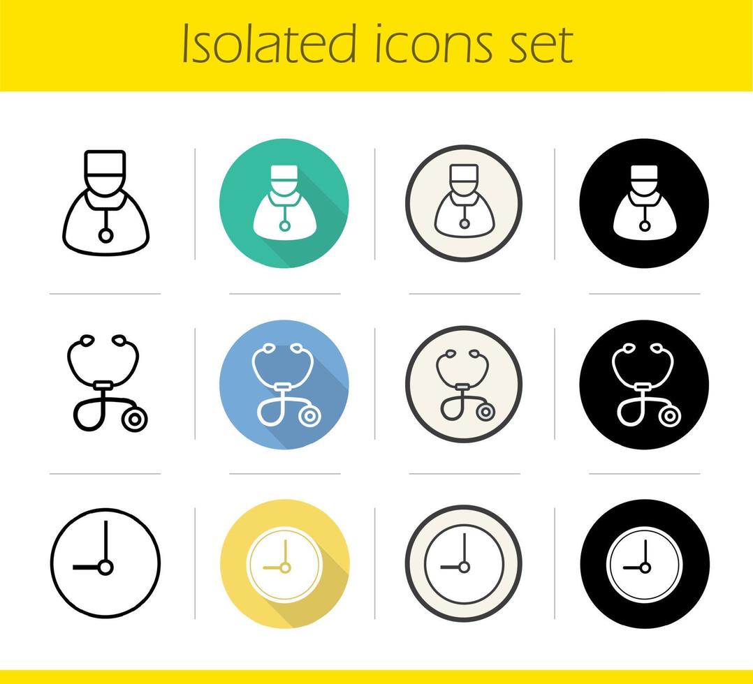 ensemble d'icônes de l'hôpital. design plat, styles linéaires, noirs et couleurs. thérapeute, stéthoscope, horloge. horaires d'accueil du médecin. illustrations vectorielles isolées vecteur