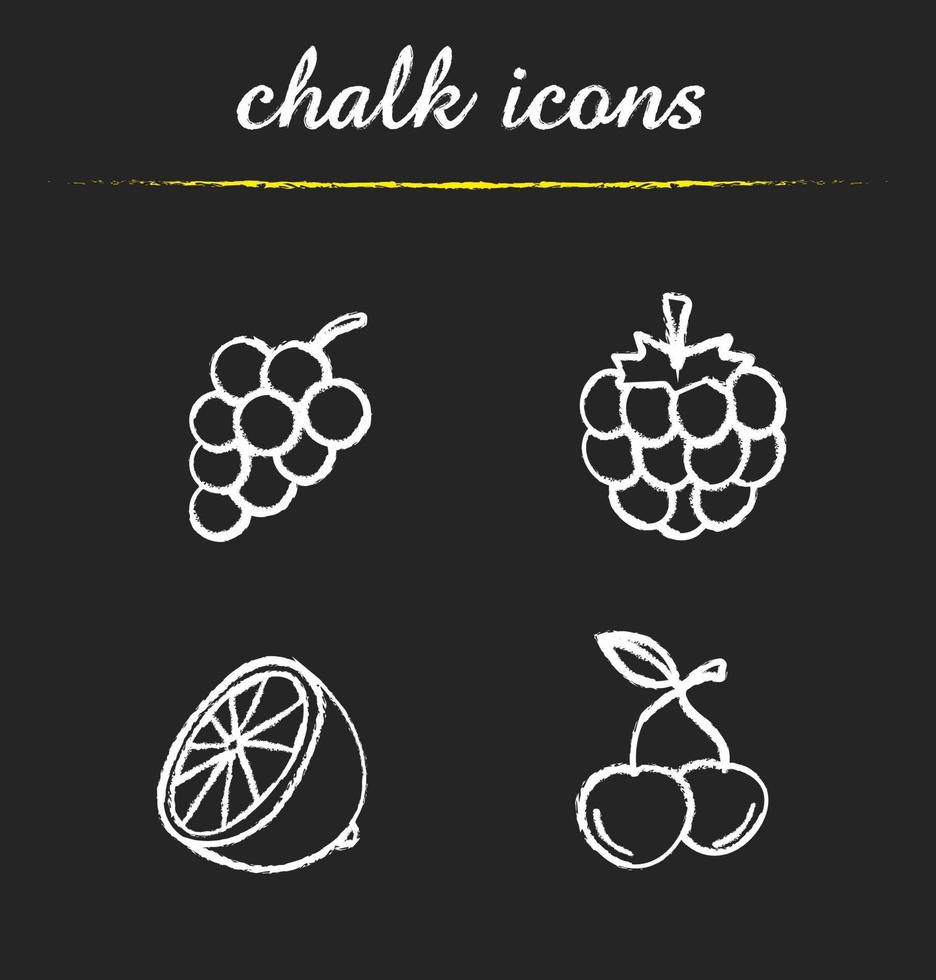 Ensemble d'icônes de craie de fruits et de baies. grappe de raisin, framboise, citron coupé, cerises. illustrations de tableau de vecteur isolé