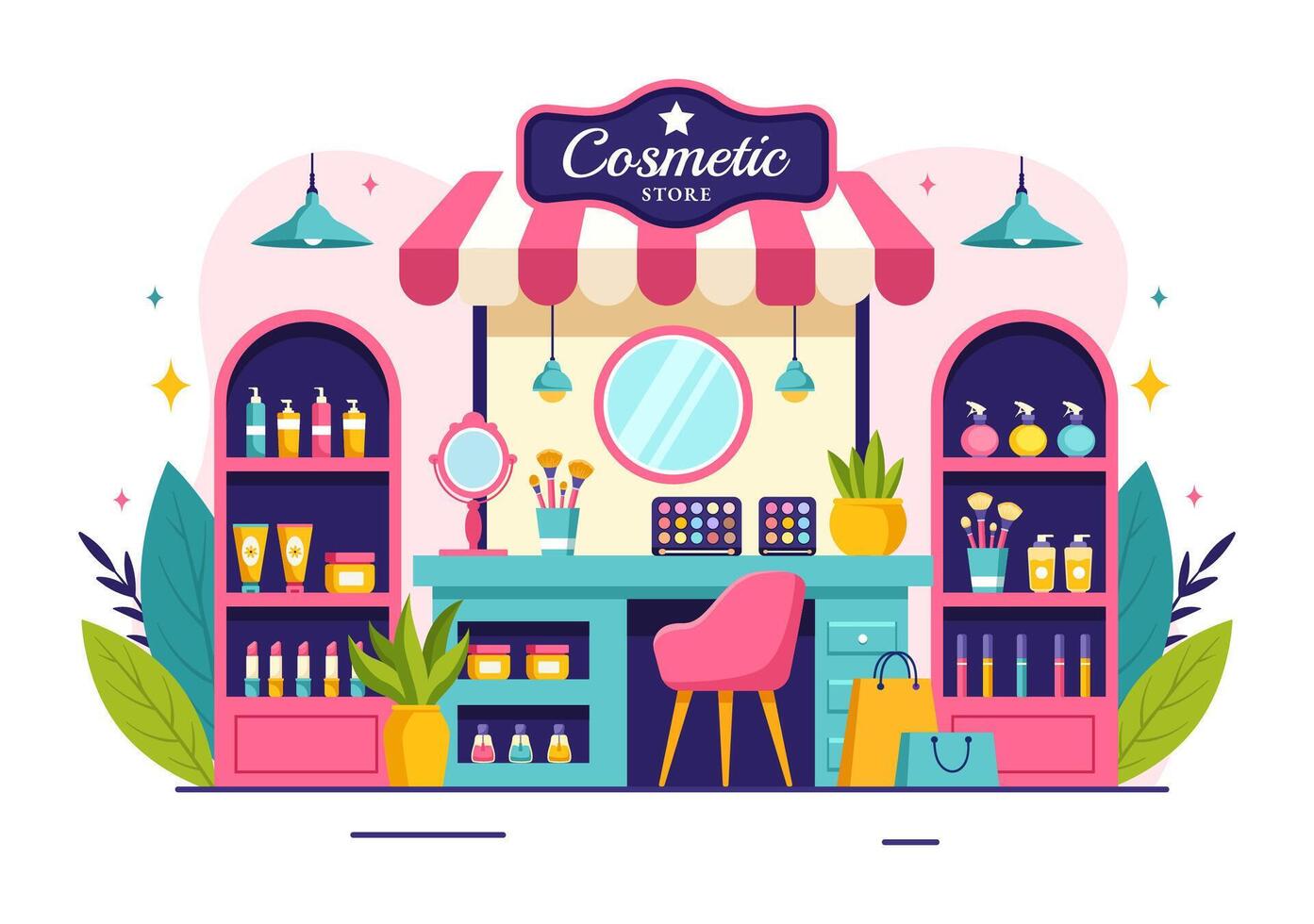 produits de beauté boutique illustration avec fille soins de la peau, cosmétique, parfum, maquillage et beauté des produits choix dans dans plat dessin animé Contexte vecteur