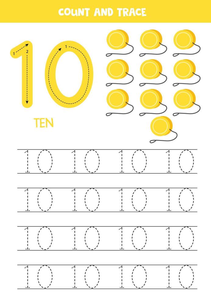 Nombres tracé entraine toi. l'écriture nombre dix. Jaune yo ouais. vecteur