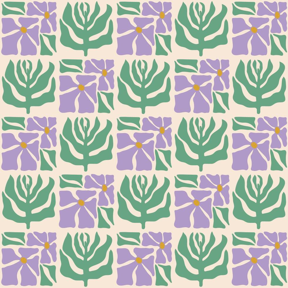 coloré sans couture modèle avec lavande fleurs et brindilles. ancien hippie style Contexte. géométrique à carreaux impression fond d'écran, printemps Naturel Contexte avec violet fleurs. vecteur