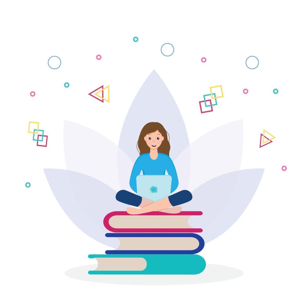 le fille est séance sur une empiler de livres avec une portable dans sa mains. illustration de le concept de e-learning, distance apprentissage et auto-éducation. vecteur