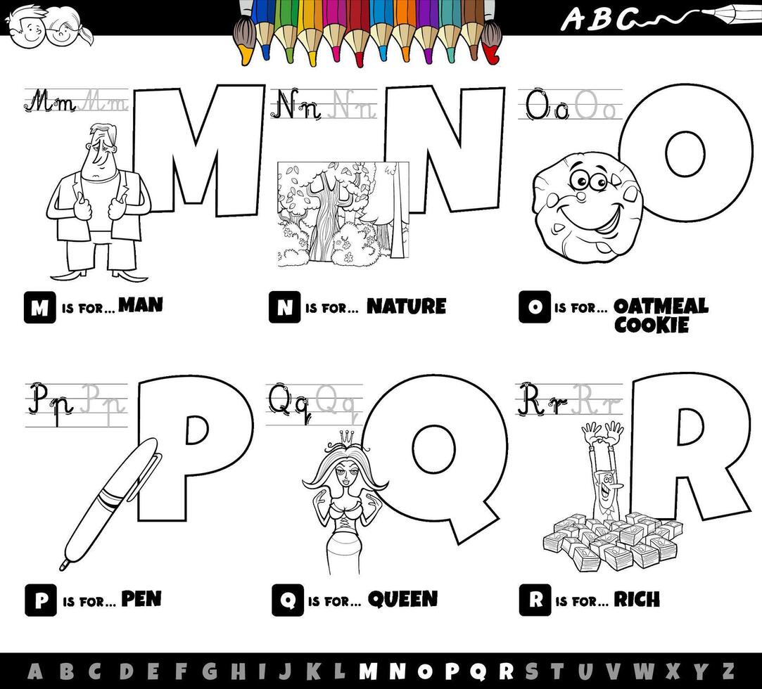 jeu de dessin animé de lettres de l'alphabet éducatif de m à r coloriage vecteur