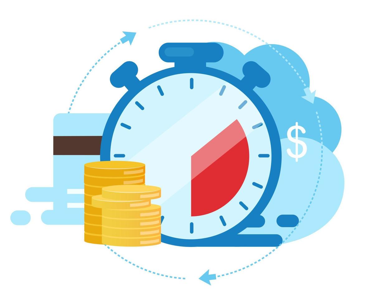 illustration vectorielle plane de paiement instantané. concept de dessin animé de services de prêts d'argent et de crédit rapides. conditions de paiement des factures. le temps, c'est de l'argent. investissement, période de dépôt métaphore isolée sur fond blanc vecteur