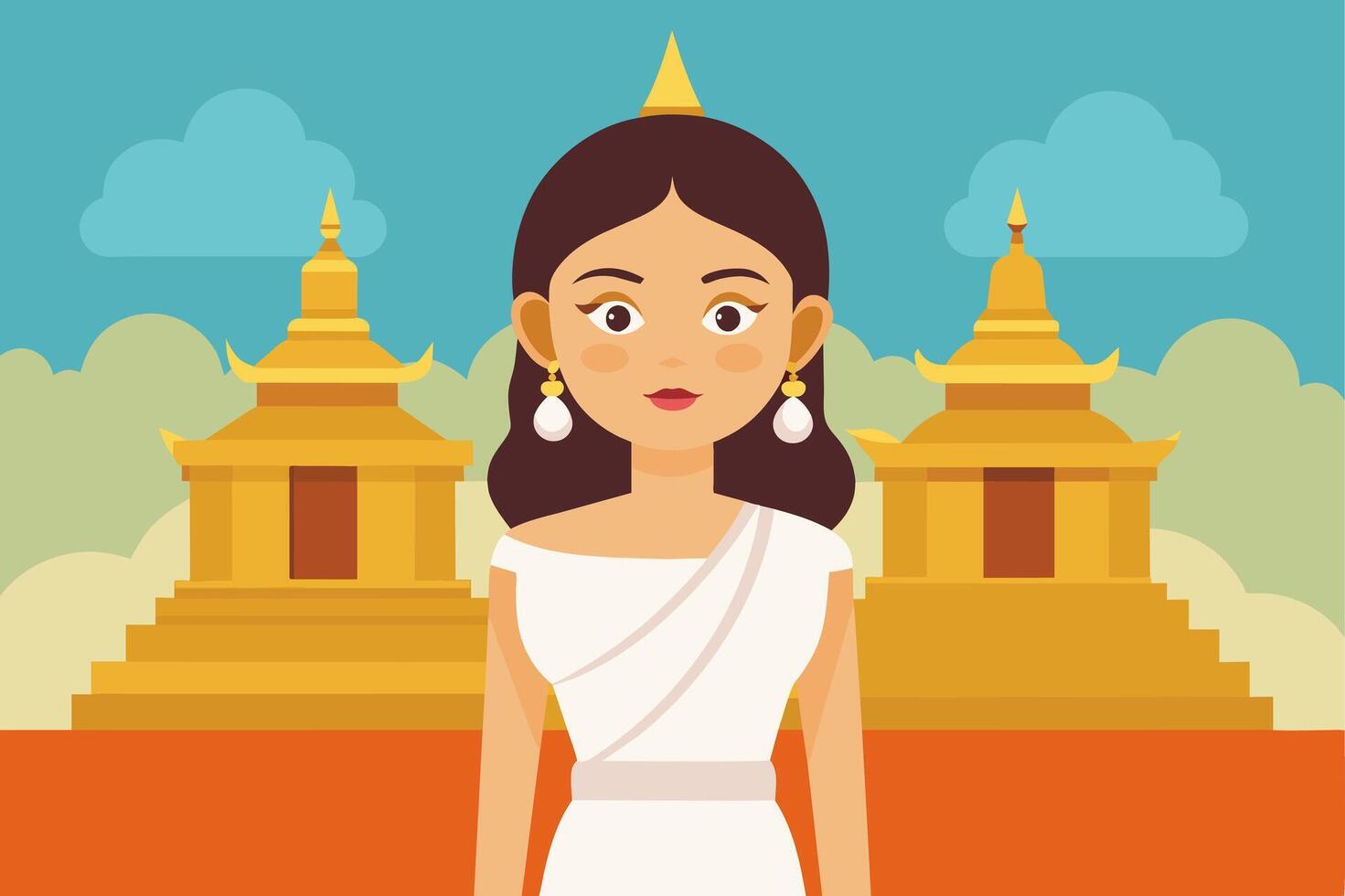 thaïlandais femme dans traditionnel blanc tenue contre Contexte de bouddhiste temple. graphique illustration. concept de spiritualité, tradition, asiatique culture, paisible méditation vecteur