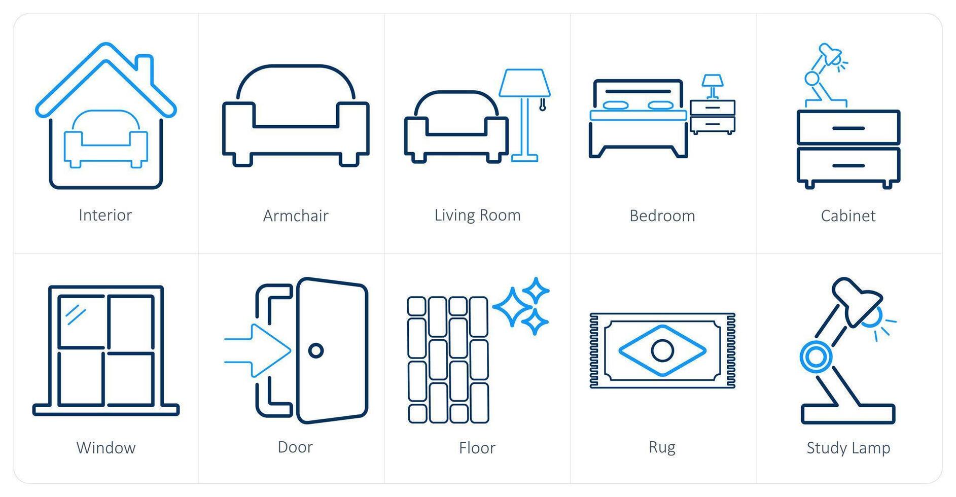 une ensemble de dix Accueil intérieur Icônes comme intérieur, bras chaise, vivant pièce vecteur