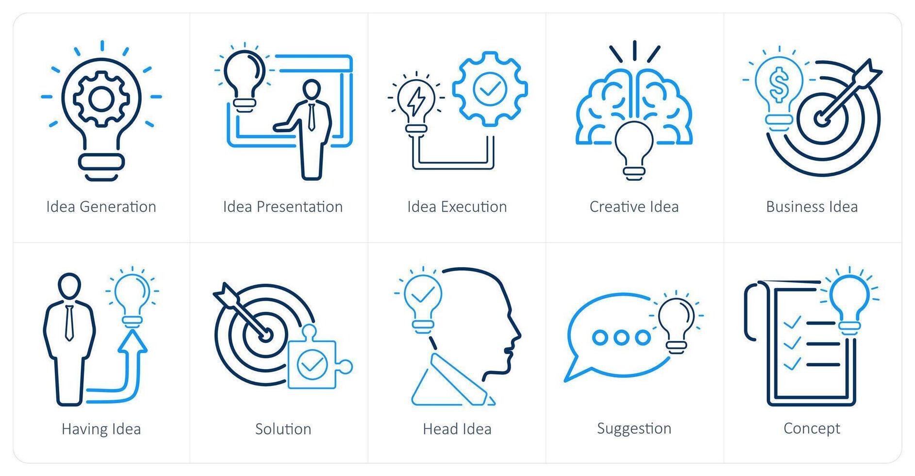 une ensemble de dix idée Icônes comme idée génération, idée présentation, idée exécution vecteur