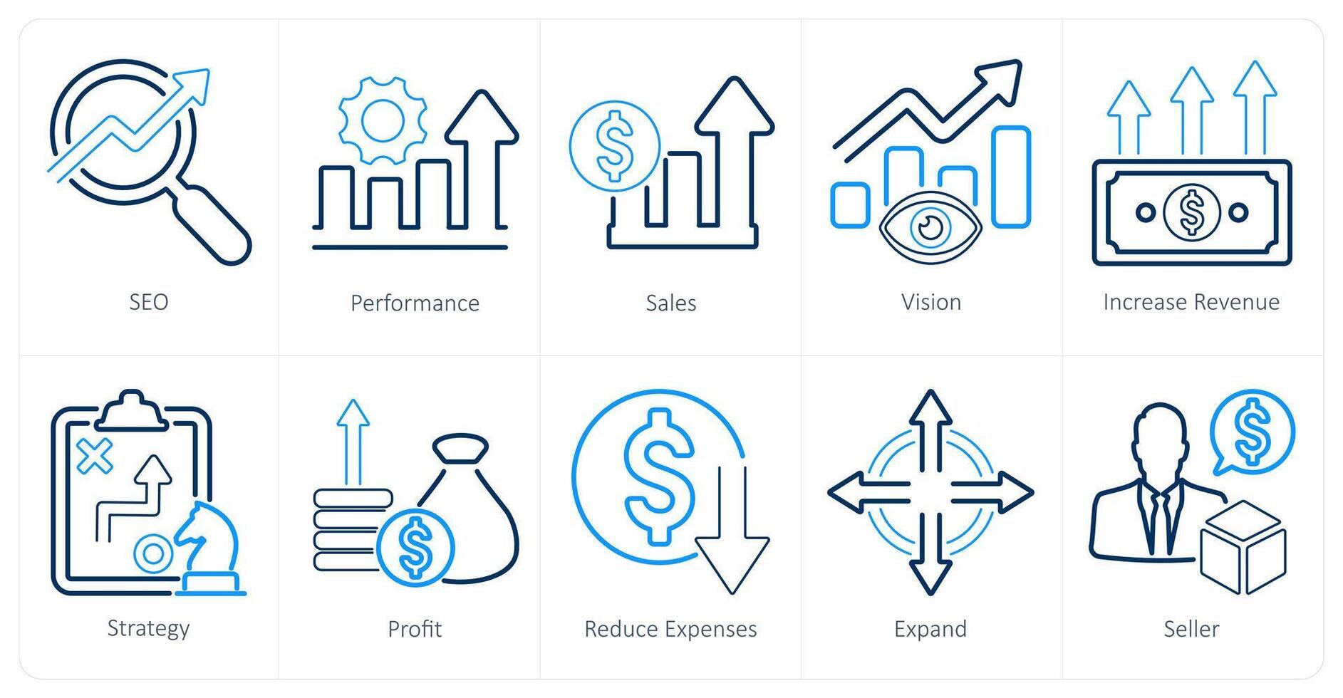 une ensemble de dix augmenter vente Icônes comme référencement, performance, Ventes vecteur