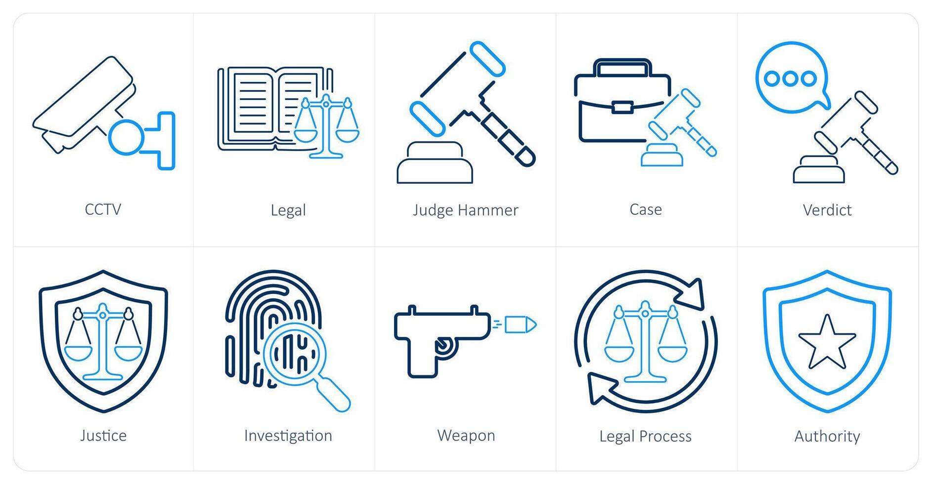 une ensemble de dix Justice Icônes comme vidéosurveillance, juridique, juge marteau vecteur