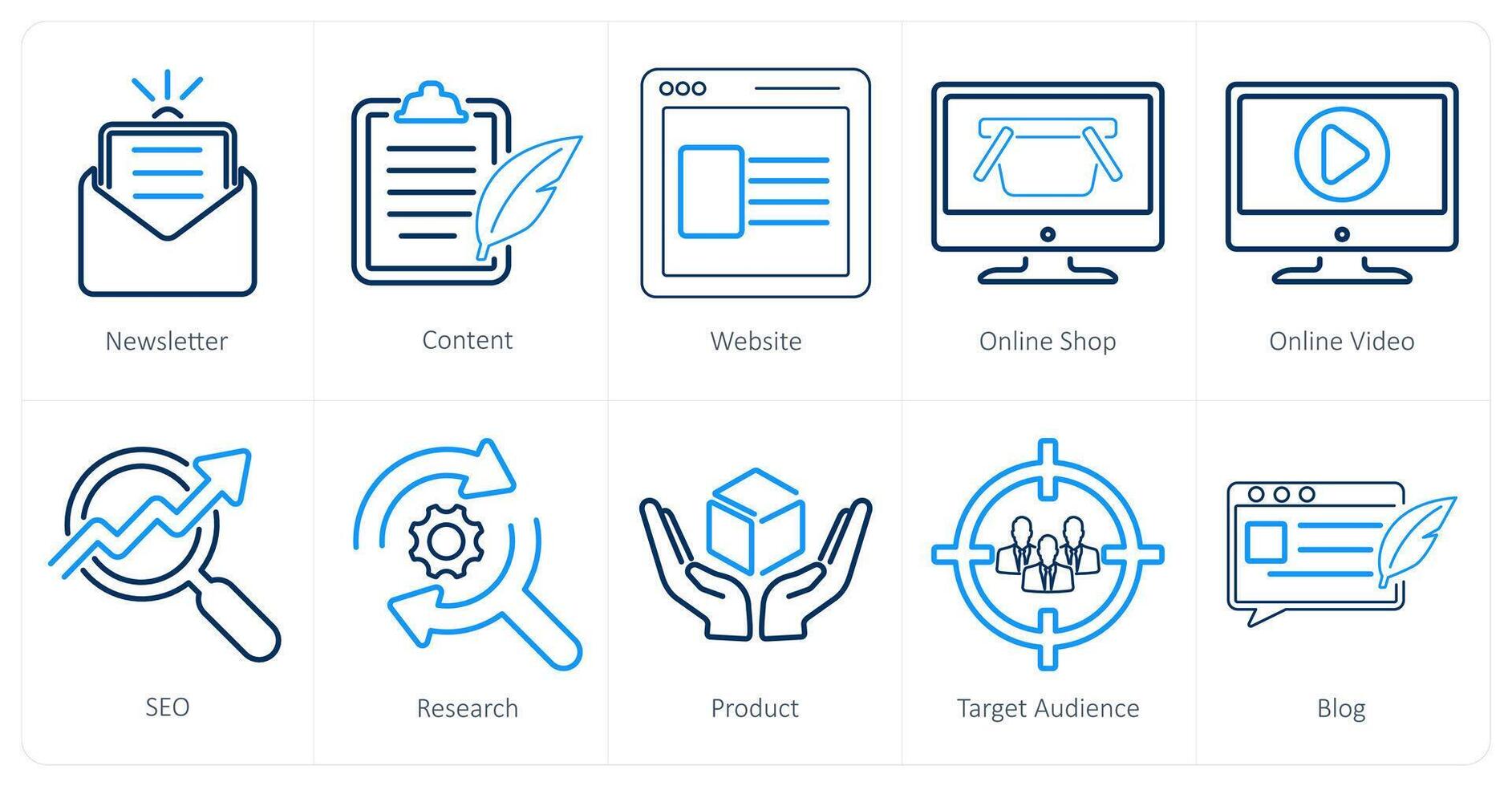 une ensemble de dix numérique commercialisation Icônes comme bulletin, contenu, site Internet vecteur