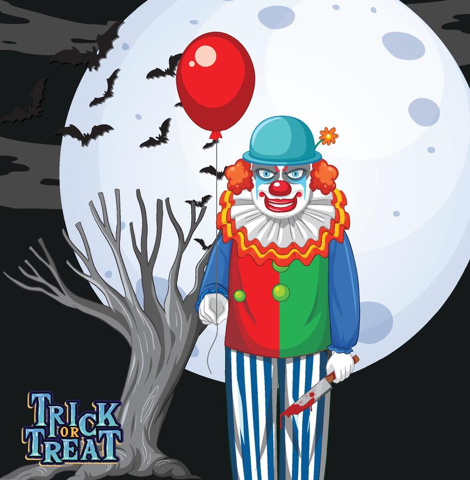 clown effrayant tenant un ballon sur fond de pleine lune vecteur