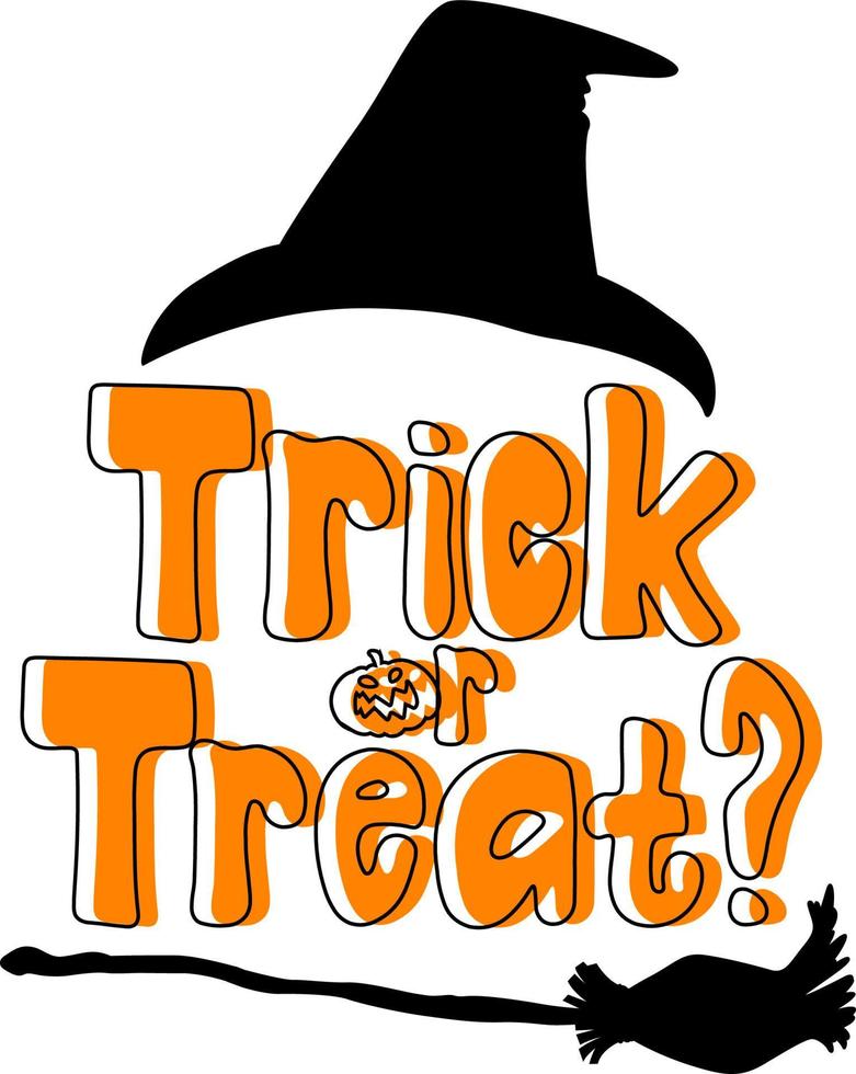 Trick or Treat word logo avec chapeau de sorcière et manche à balai vecteur