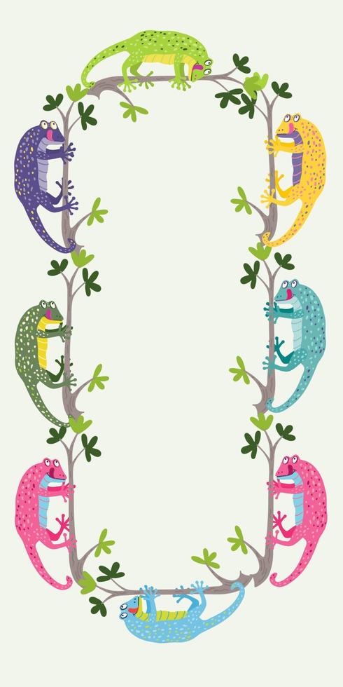 cadre vertical avec de jolis geckos colorés accrochés aux branches vecteur