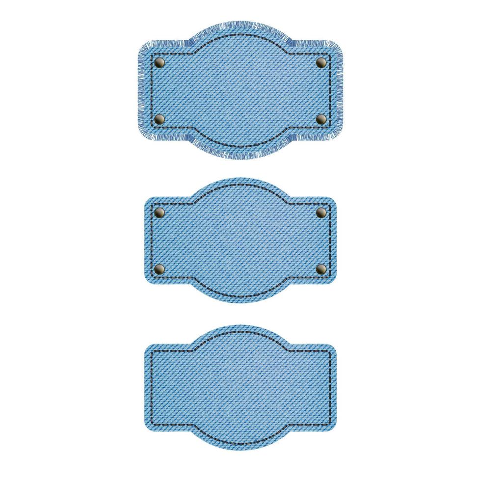ensemble de patchs en denim bleu avec surpiqûres, rivets et franges. denim bleu clair. patchs vintage vecteur