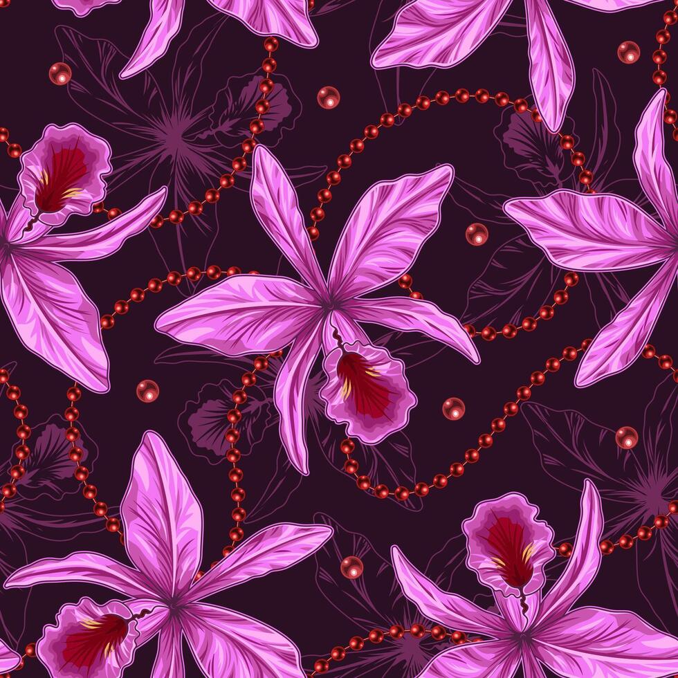 sans couture modèle avec cattleya orchidée fleur, chaîne de rouge perles sur foncé Contexte. silhouette de orchidée derrière. vecteur